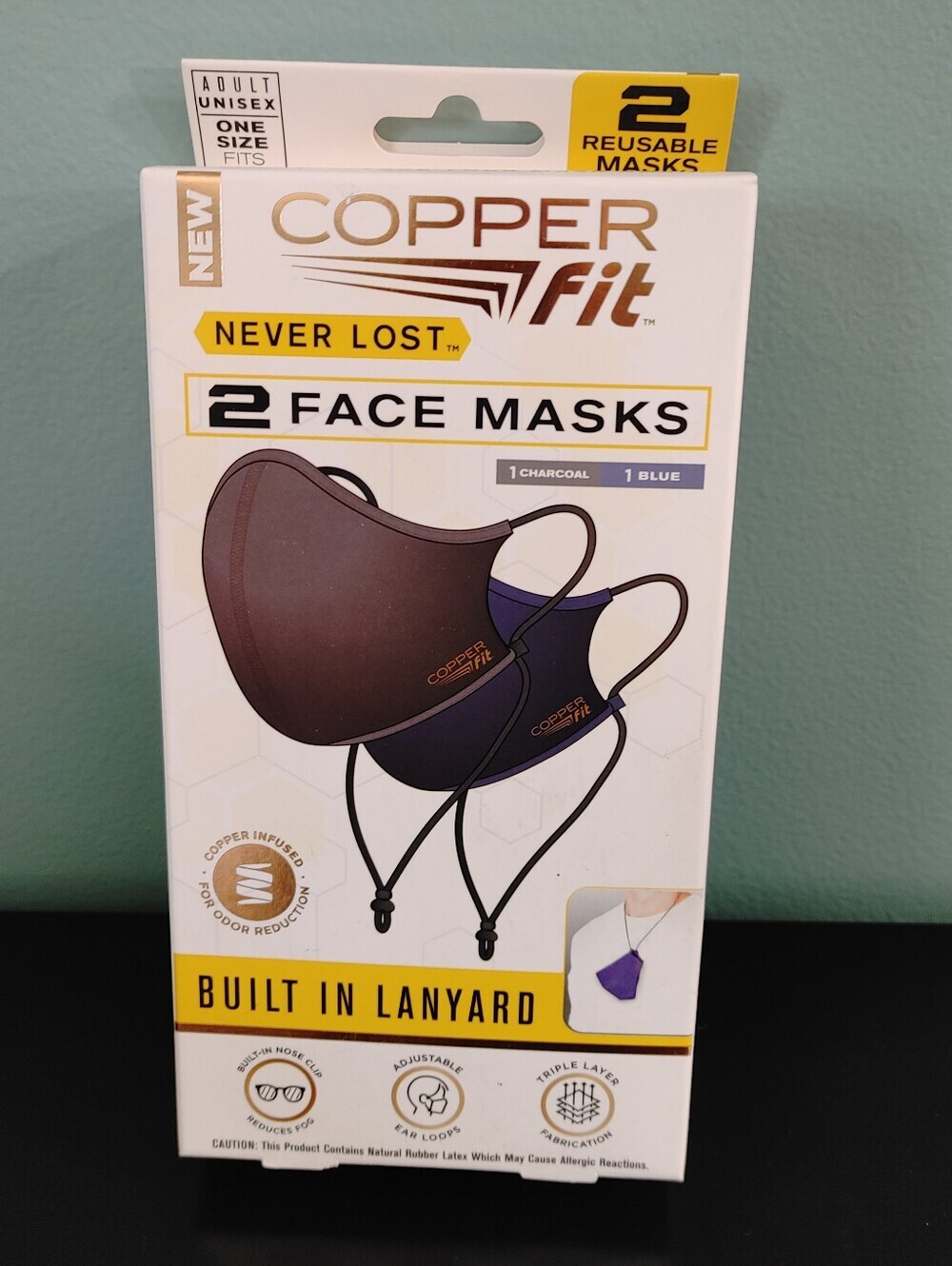 Copper Fit Never Lost Face Masks 2-Pack One Size Unisex Built-In Lanyard